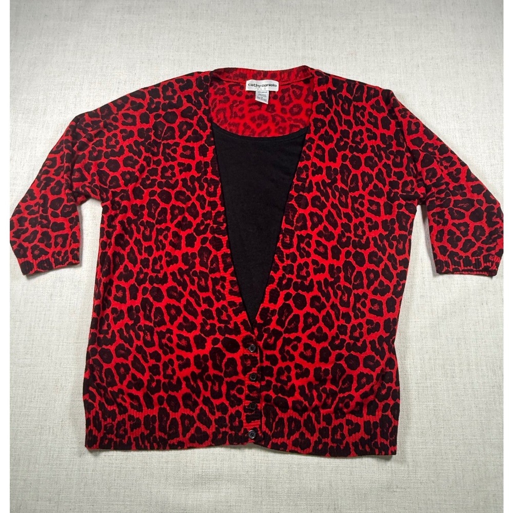 Cathy Daniels Leopard Print Cardigan Attached Inset Red Black 1X Plus Size